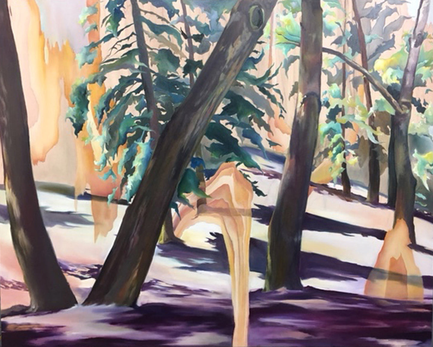 Abstract painting of a forest with trees and a path