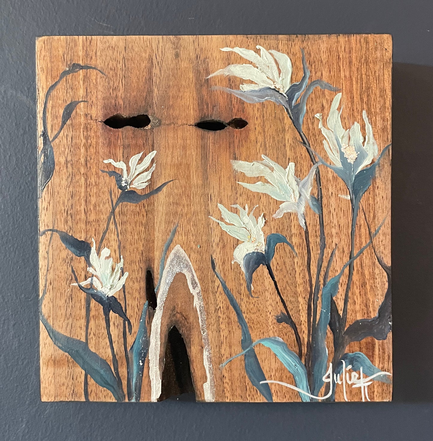 Beneath Blue Leaves - Solid Walnut Mixed Media Painting