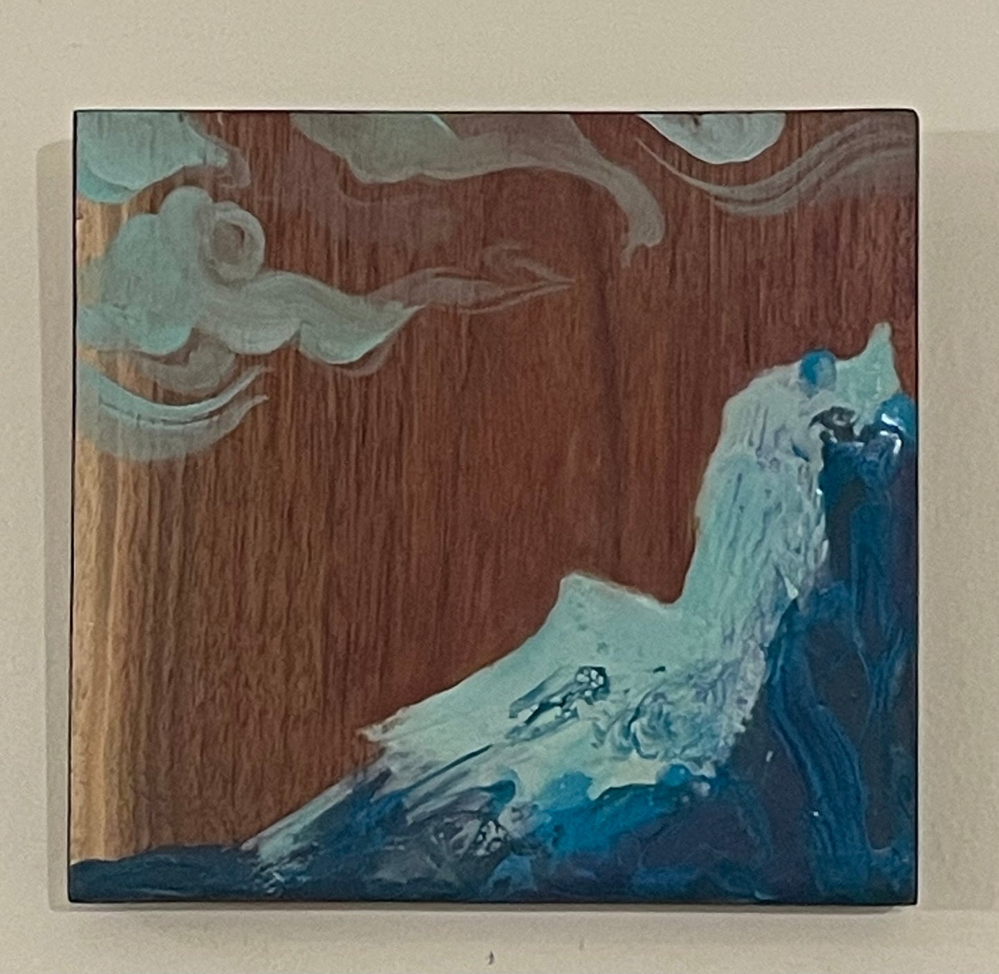Abstract Wax Painting on Walnut Wood - Blue Mtn - Weightless
