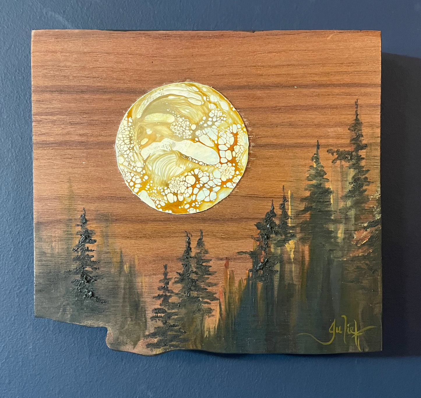 Saffron Bluff - Mixed Media Painting on Walnut