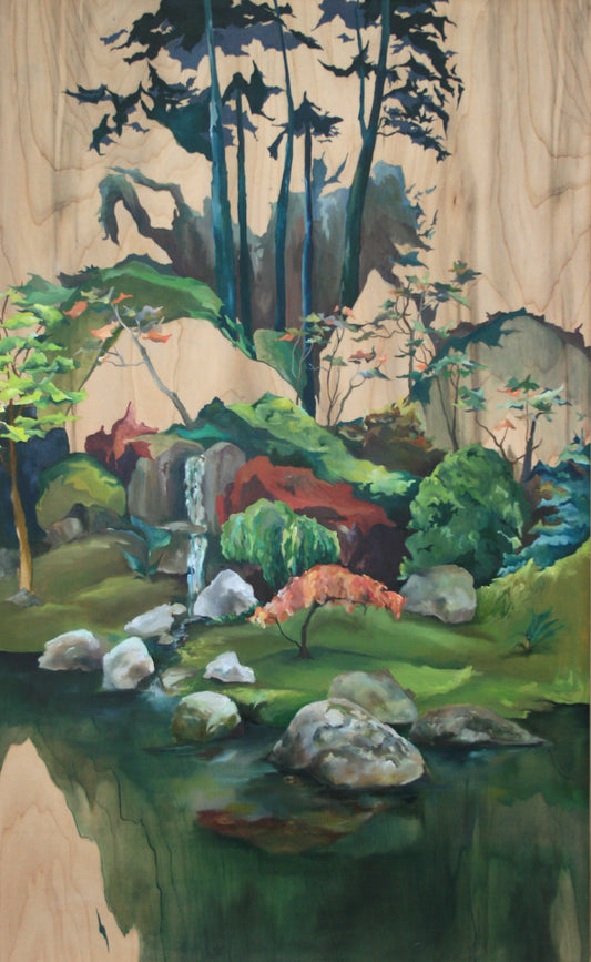 Painting of a forest landscape with trees, rocks, and a stream.