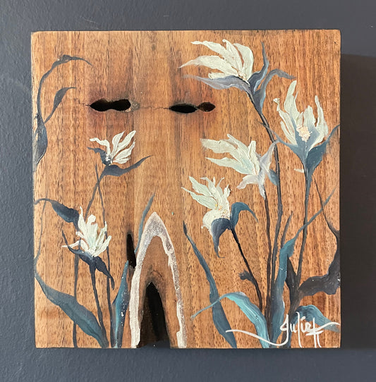 Beneath Blue Leaves - Solid Walnut Mixed Media Painting