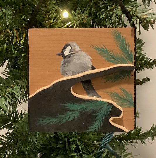 Chickadee Stare Wooden Christmas Ornament