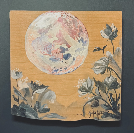 Dusk in Bloom, Encaustic Moon Painting