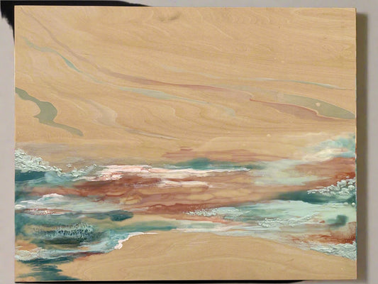 Abstract painting of a beach scene with beige, blue, and green colors on a wooden panel.